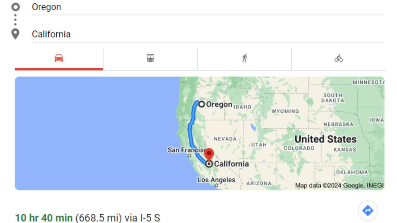 map, time, and distance it takes from oregon to california