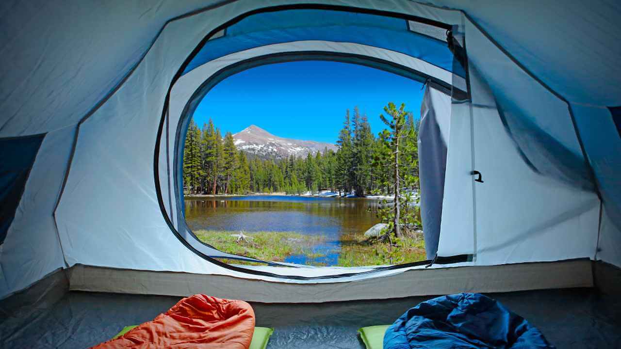 pov from inside a camp tent looking at yosemite national park