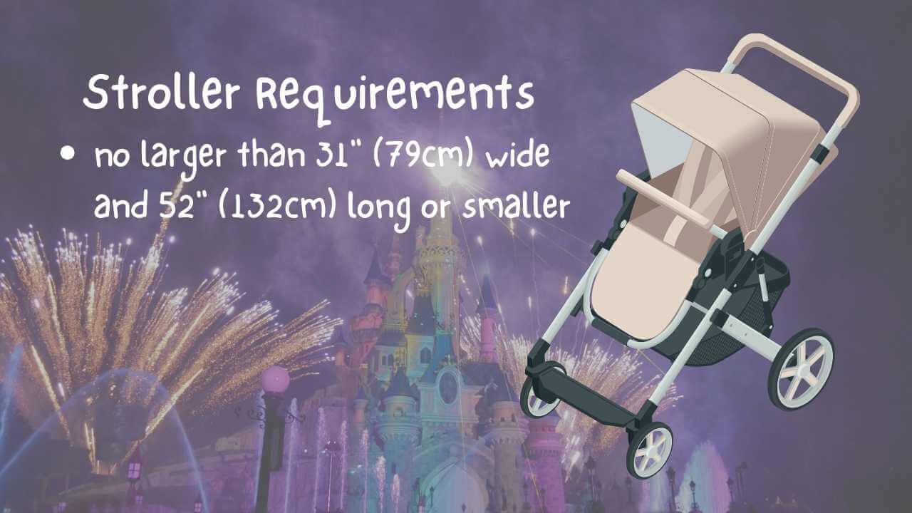 size requirements of strollers allowed at disney, castle and fireworks in background