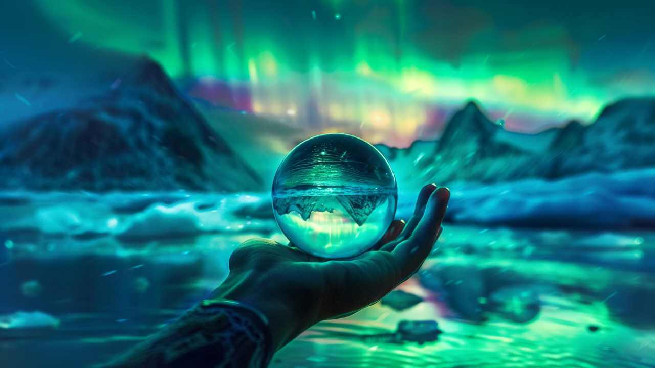 person holding a crystal ball in front of northern lights
