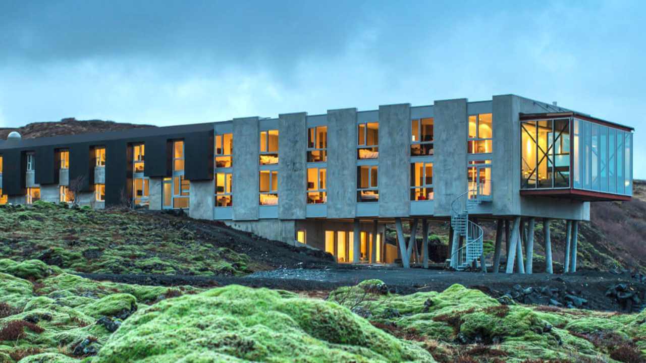 view of the ion adventure hotel in iceland at nightime