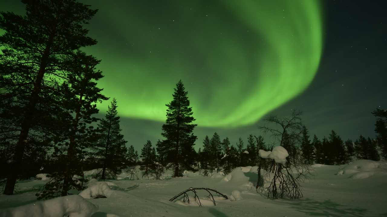 green lights lighting up the sky in iceland, snow lining the ground
