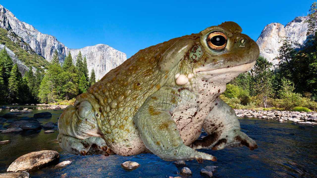 close up shot of a yosemite toad with yosemite mountains in the back
