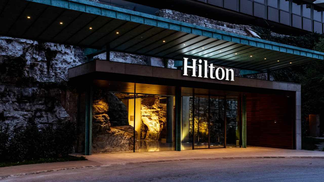 outside view of hilton sign of hotel