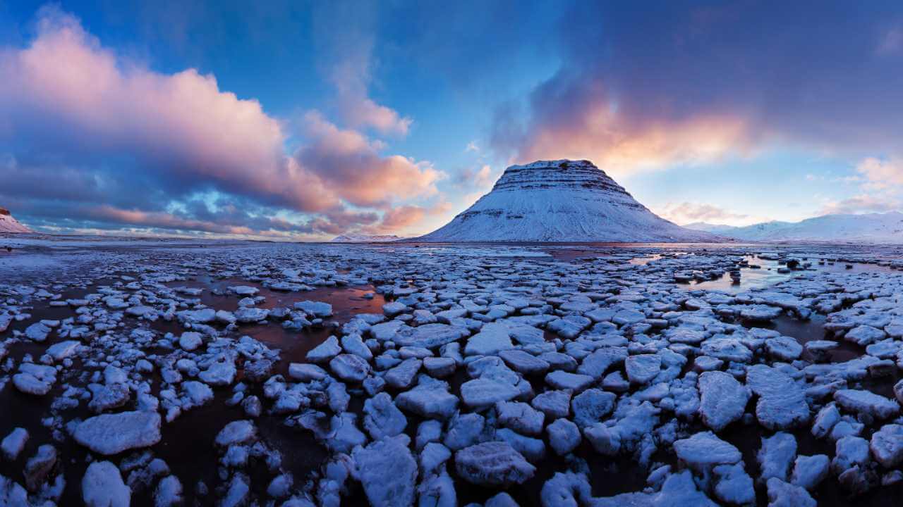sunset in iceland during the winter time 