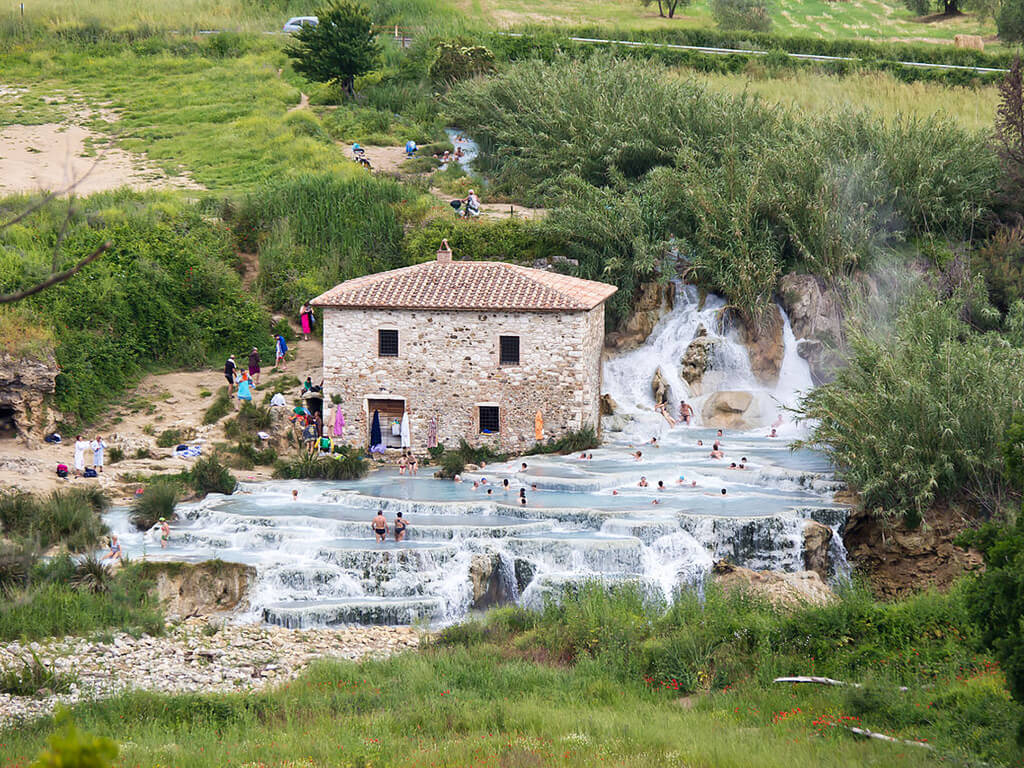 Hot springs of Saturnia, Tuscany, Italy. Waterfall Mulino