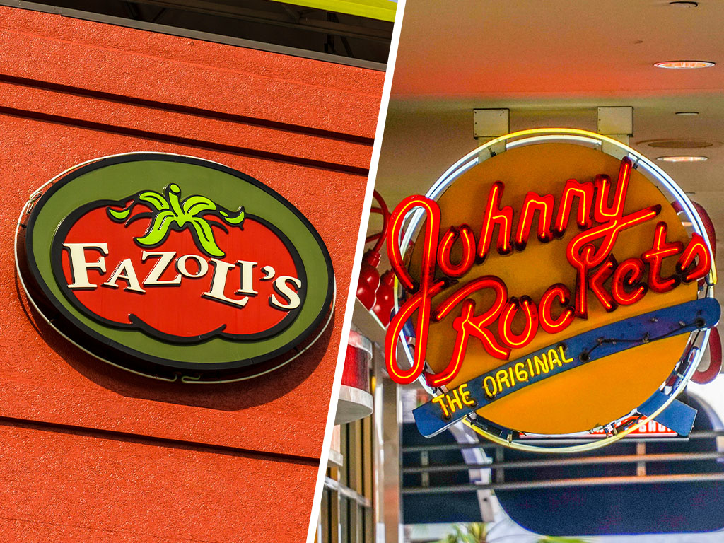 Signage for Fat Brands restaurants Fazoli's and Johnny Rockets