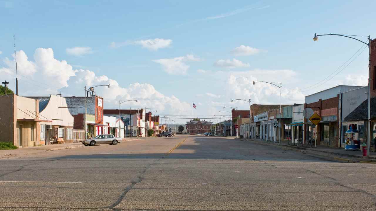 little buildings lining street