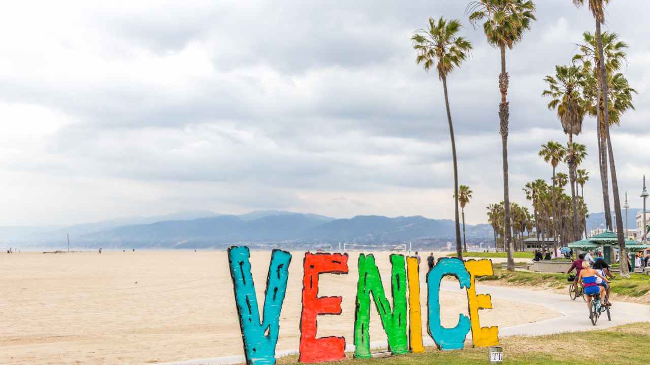 the venice sign on the beach with palm trees in the background