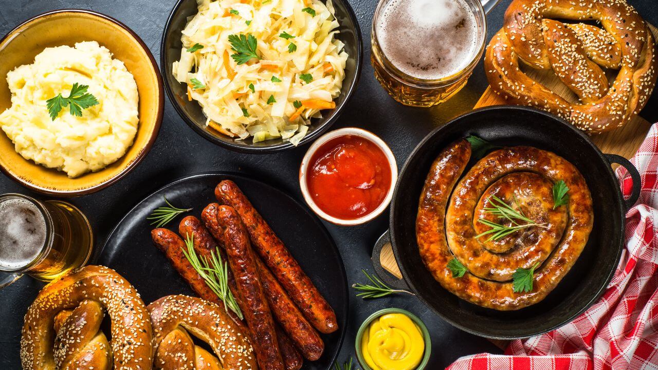 various types of food including sausages, bratwurst and beer
