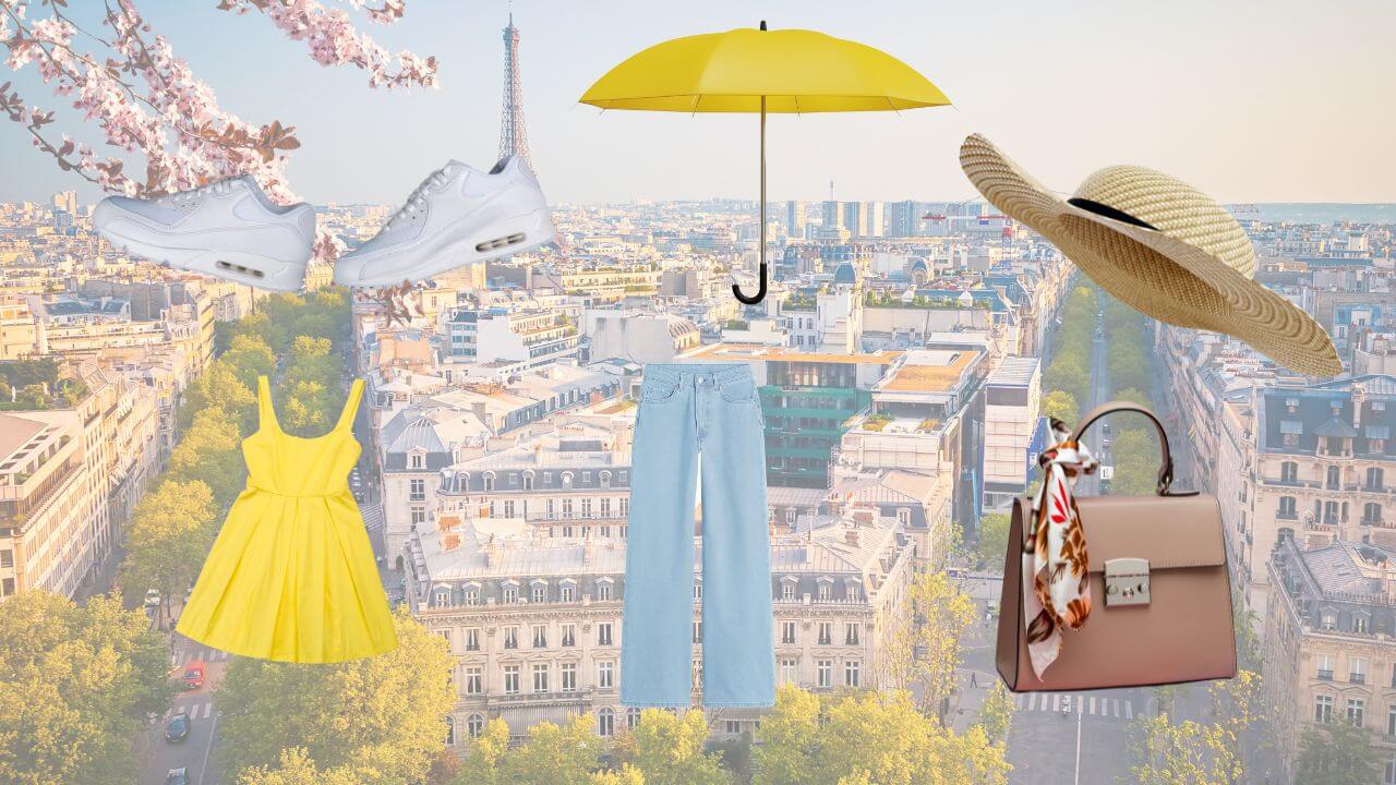 background of paris city and graphics on shoes, clothes, bags, an umbrella and hat