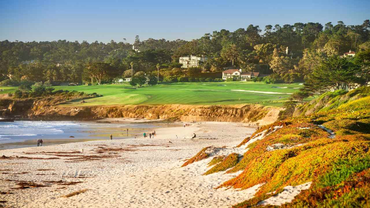 a view of the beach and golf course in pebble beach, california