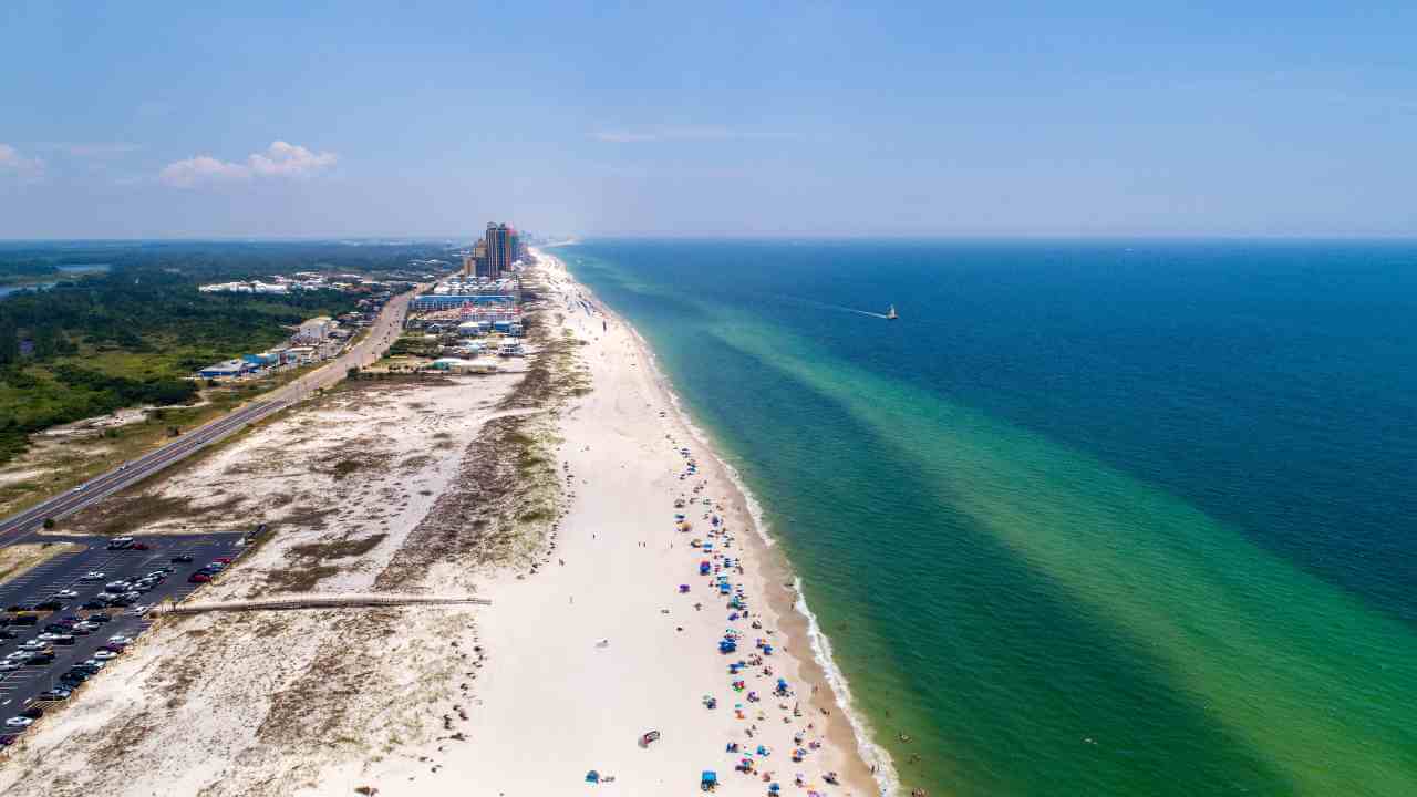 an aerial view of the beach and ocean in panama city beach, florida