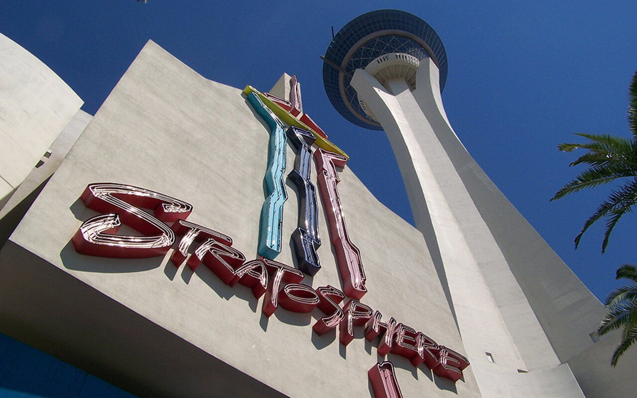 A view of the Stratosphere from below in Las Vegas