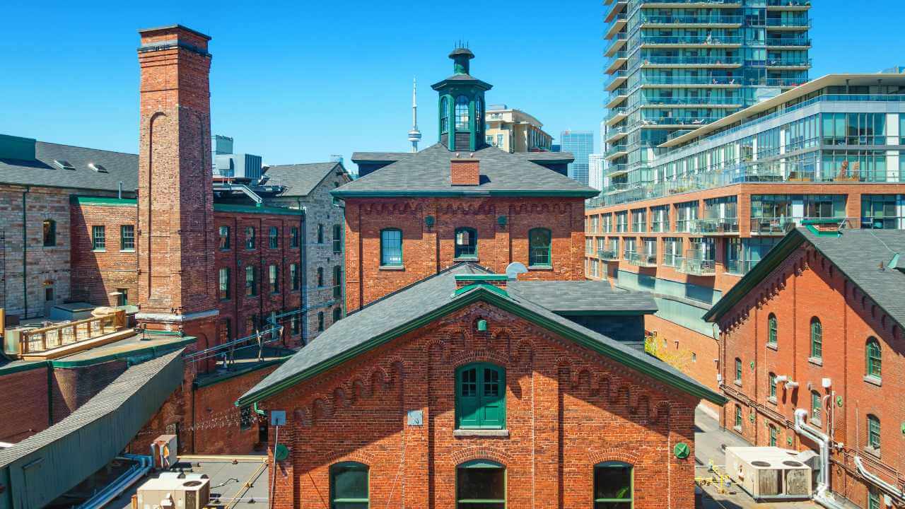 an aerial view of an old brick building in toronto