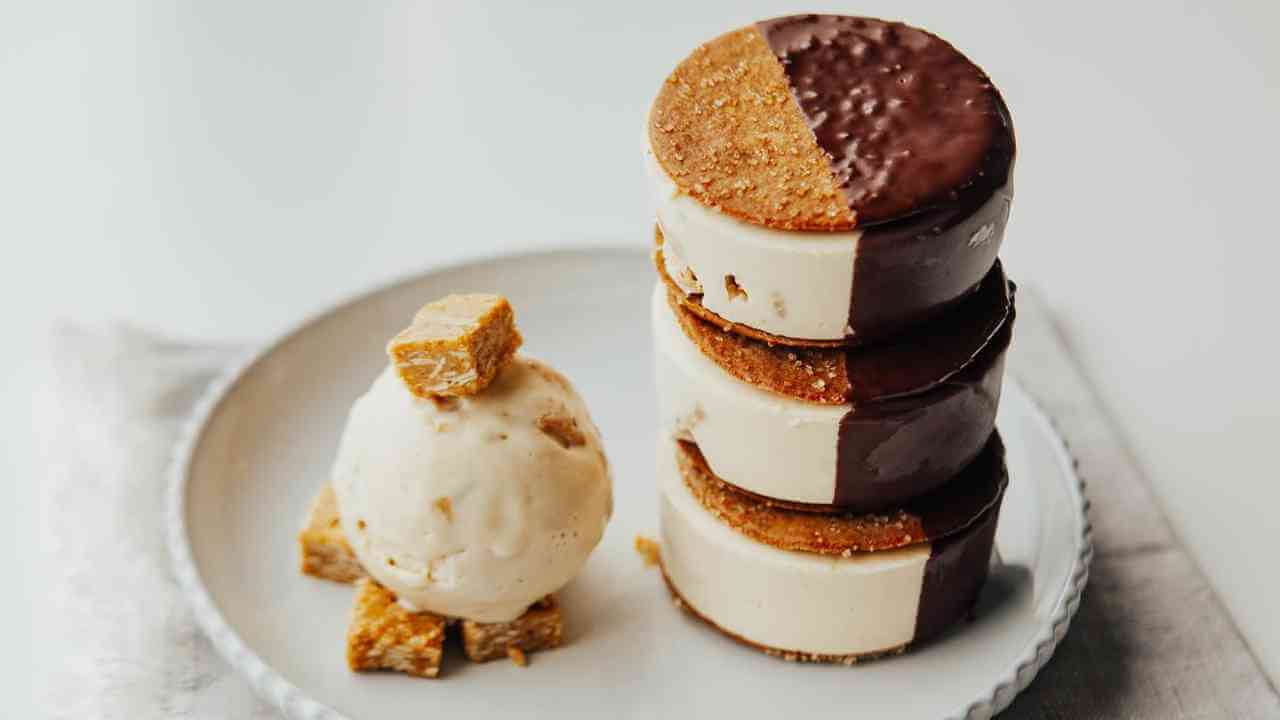 a stack of ice cream sandwiches on a white plate