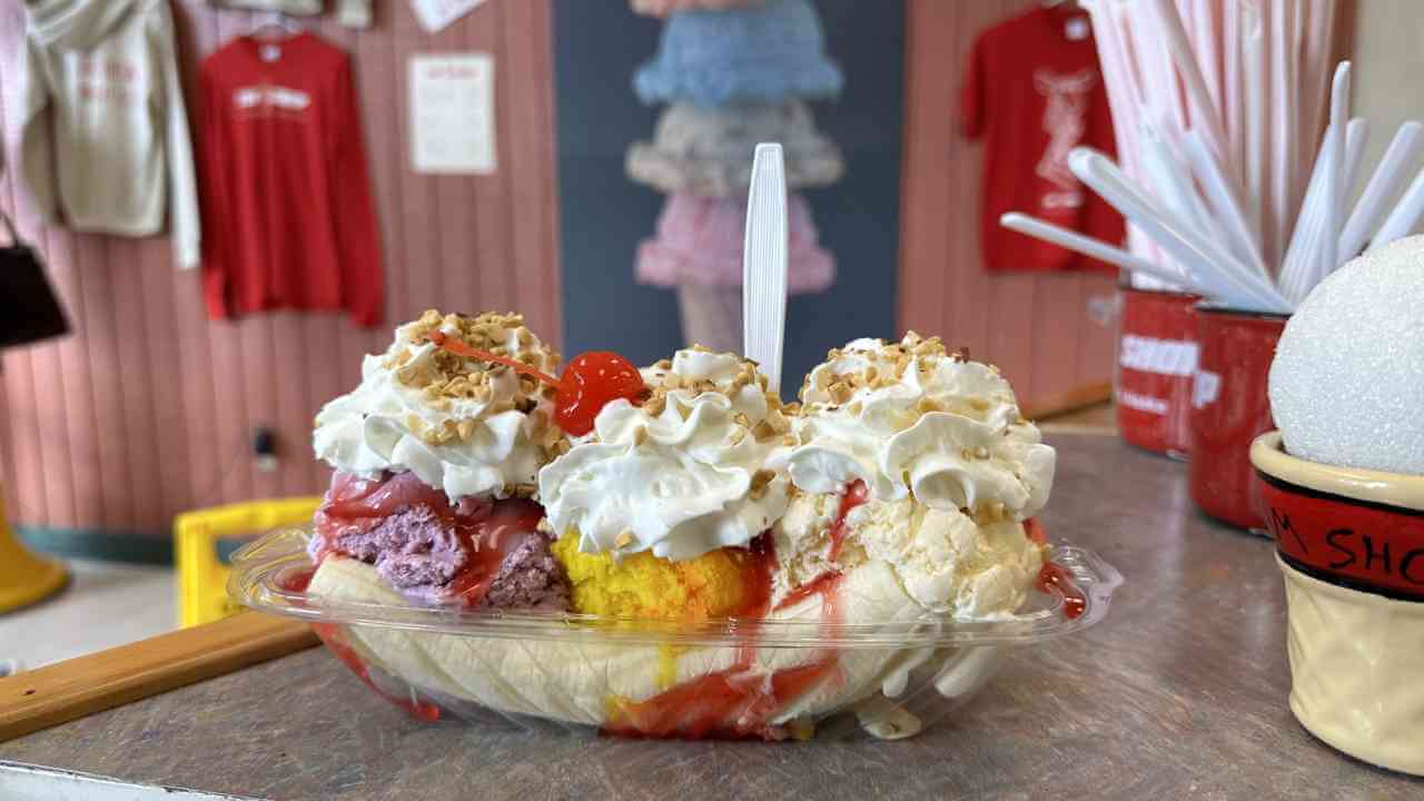 an ice cream sundae sitting on top of a counter