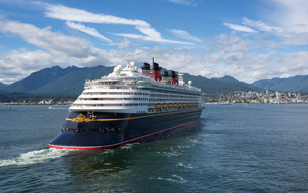 The cruise ship Disney Wonder leaving Vancouver harbor.