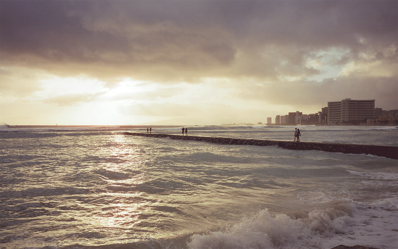 Sunset in Waikiki during the summer at the tail end of a tropical weather system. 