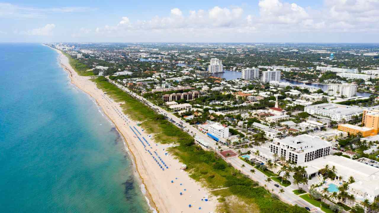 an aerial view of the beach and city in florida