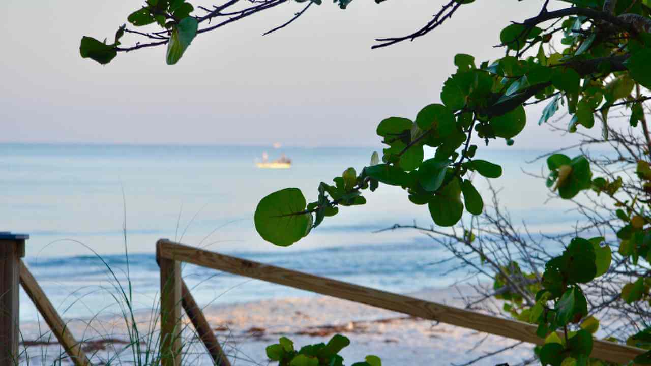 a view of the ocean from the beach with a boat in the distance