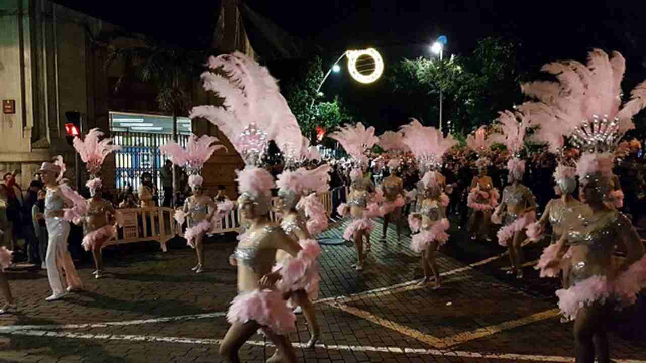 a group of dancers in pink feathers on a street at night