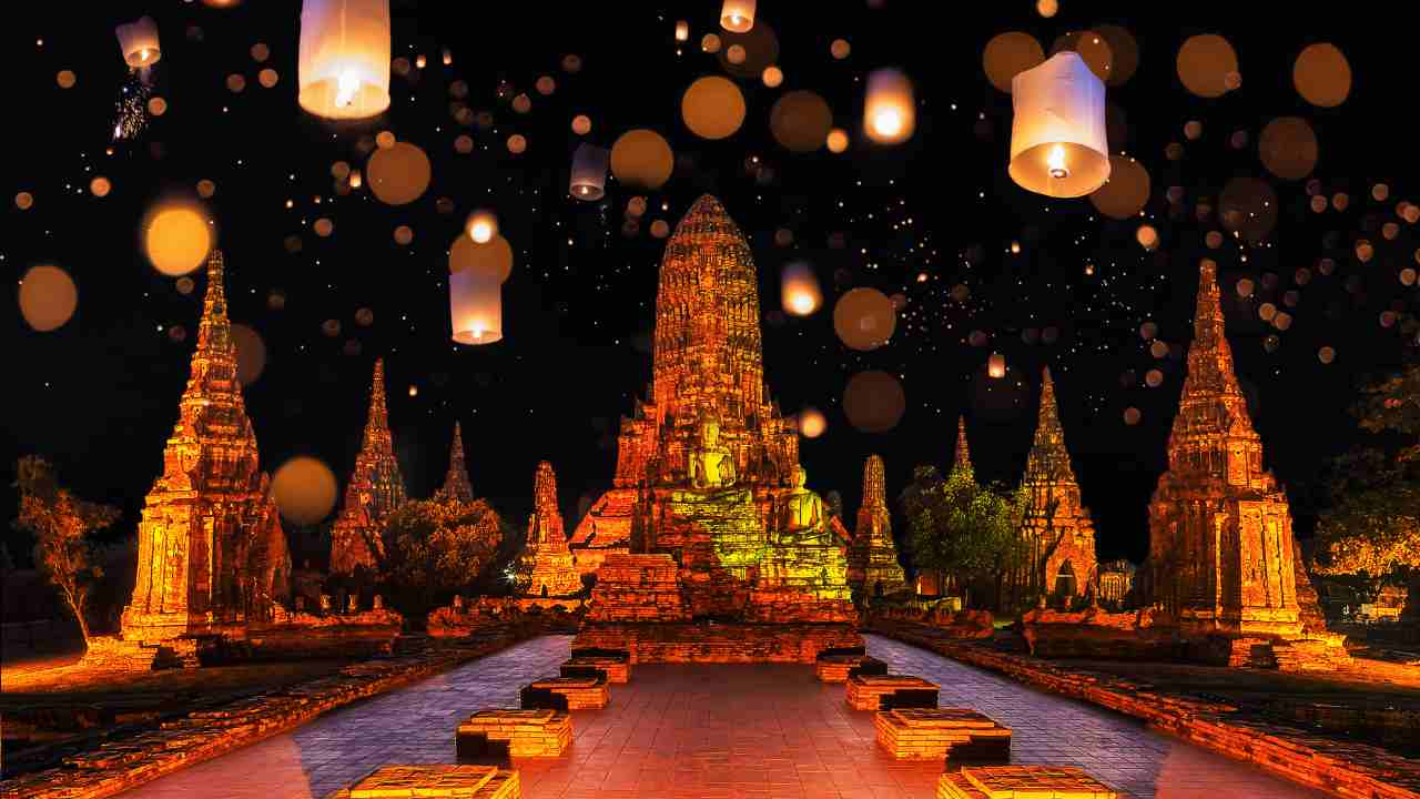 an image of a pagoda lit up with paper lanterns