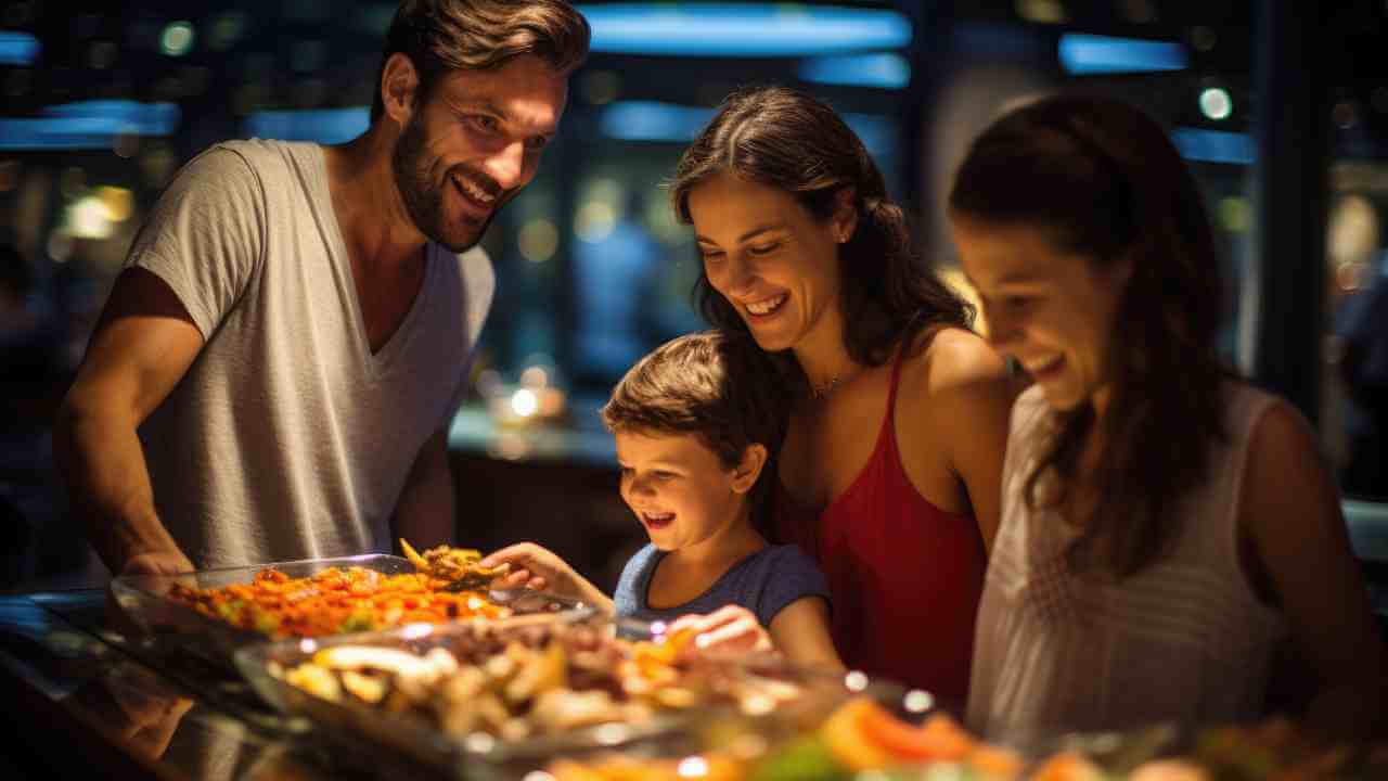 a family enjoying a buffet at a restaurant