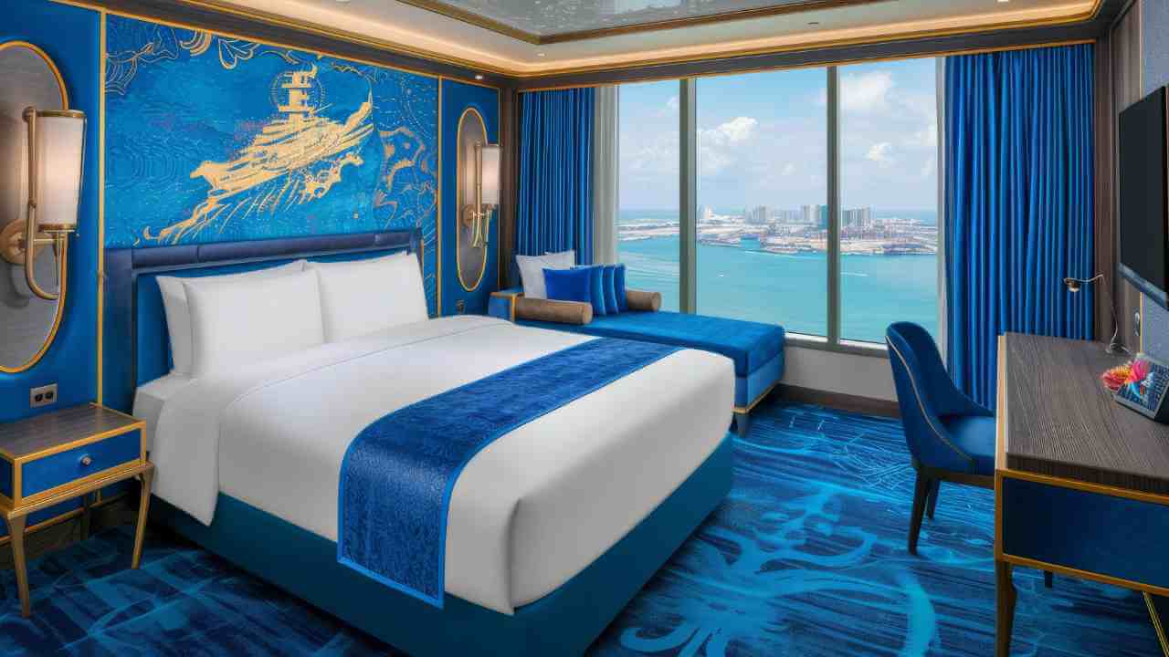 a blue and gold room with a view of the ocean