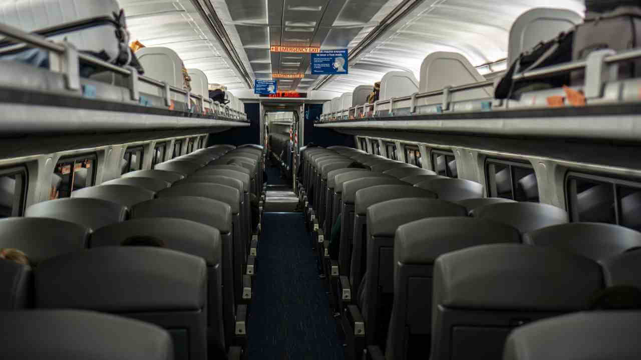 the inside of an Amtrak train