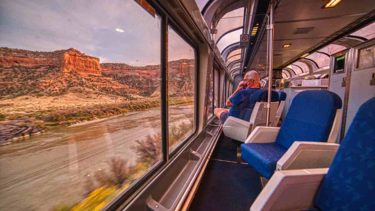 view of mountains on train