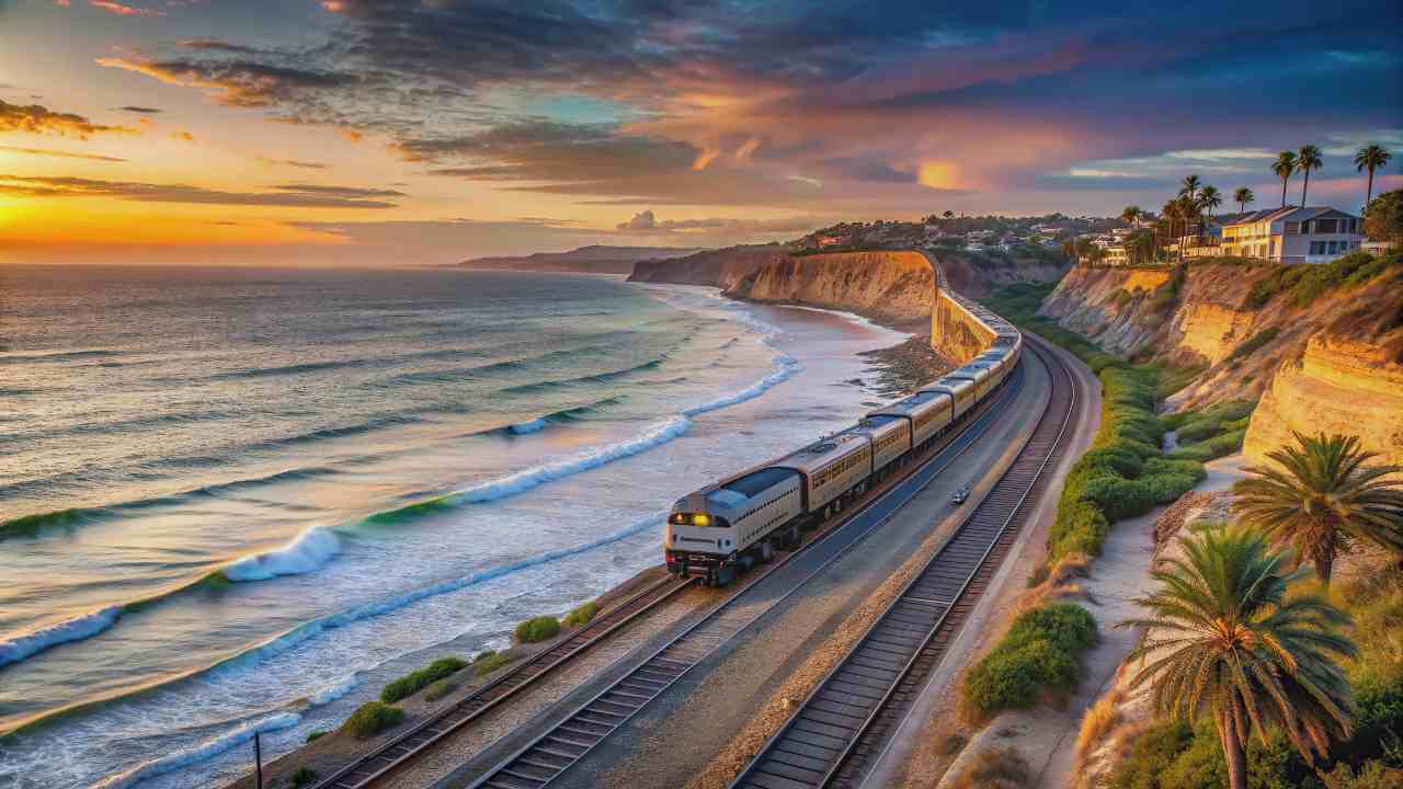 a train traveling along the coast at sunset