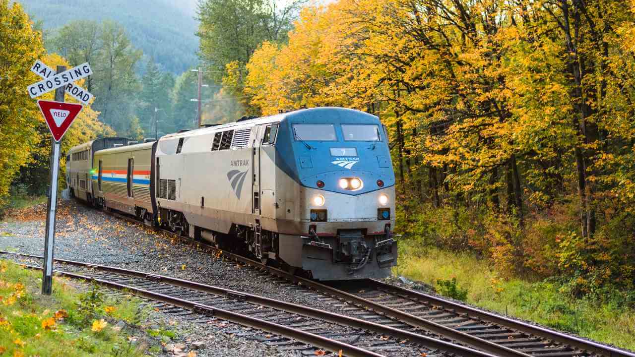 amtrak train on tacks with fall foliage in back