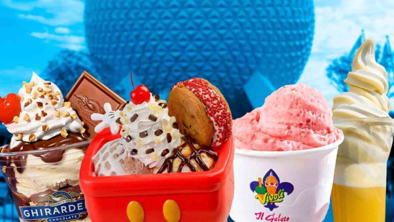 Several different types of ice cream and sundaes in front of Disney World