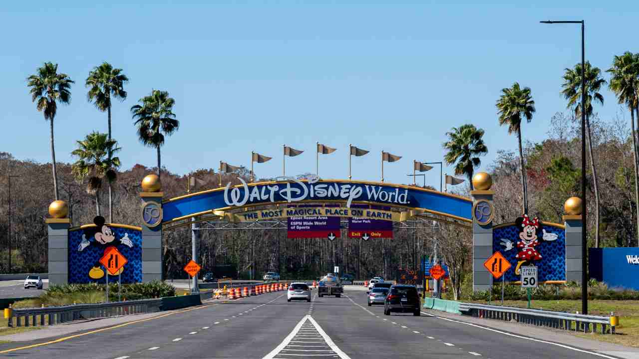 The entrance to Disney World is shown with palm trees in the background.