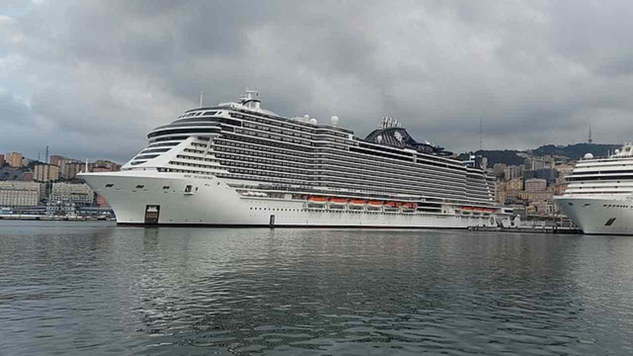 two large cruise ships are docked in the water