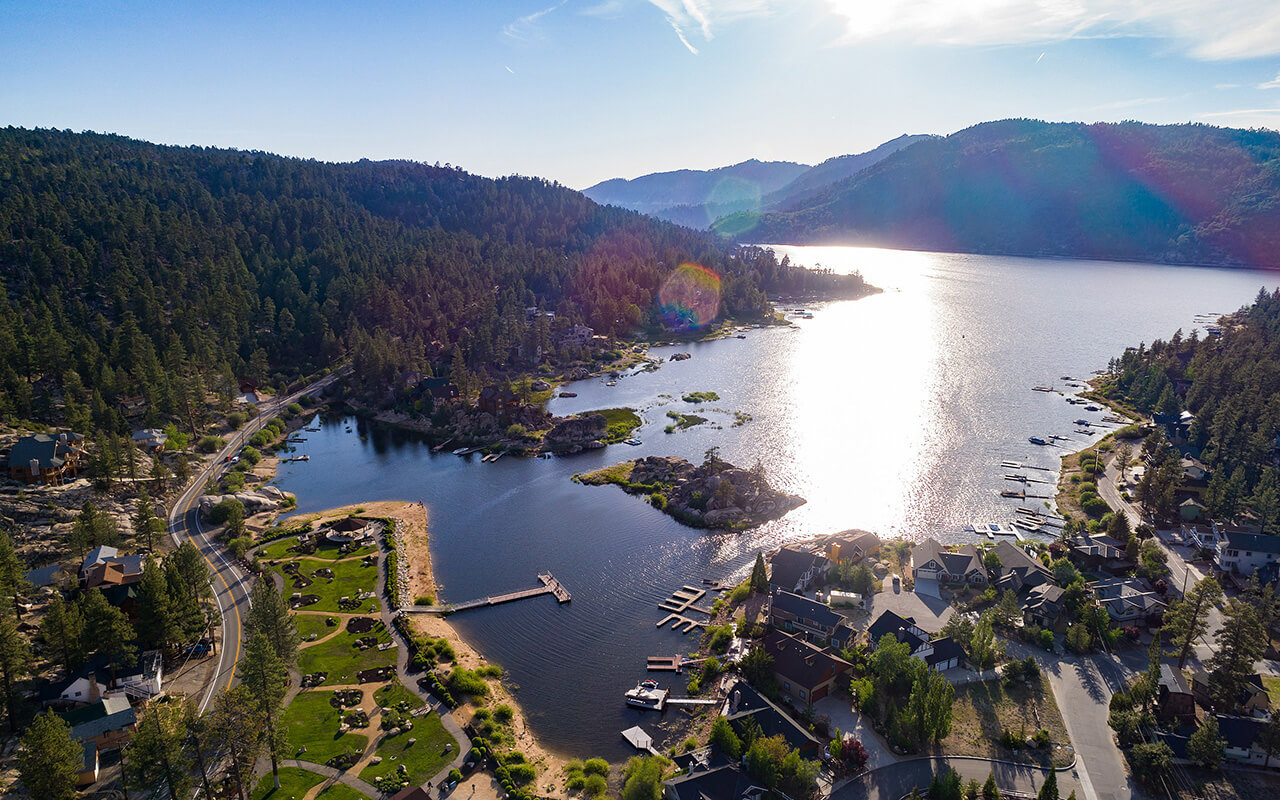 Harbor area near Big Bear Lake with road and docks