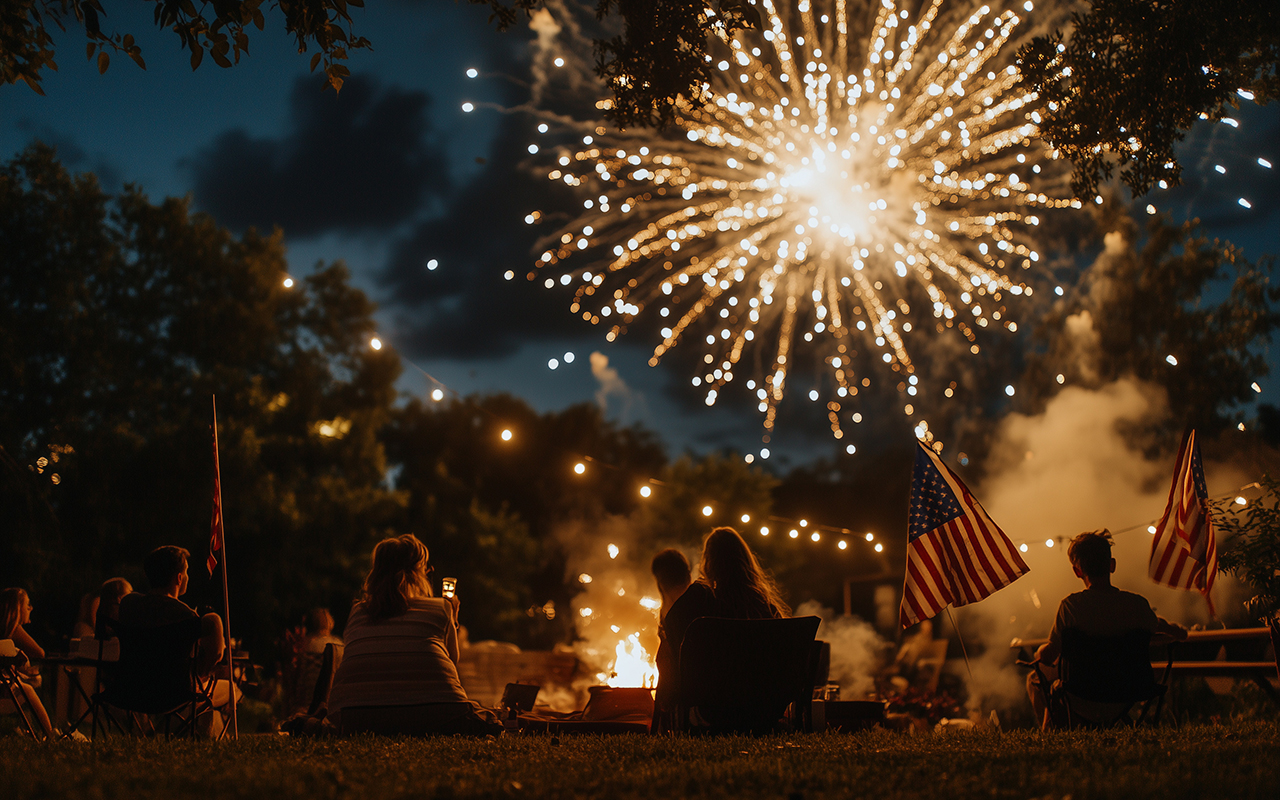 Friends at a 4th of July Holiday Backyard Party with American flags and fireworks