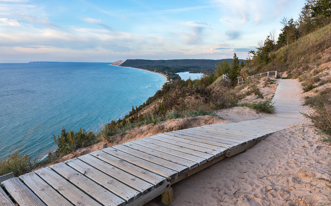 Sleeping Bear Dunes Overlook in Northern Michigan on Sunny Day