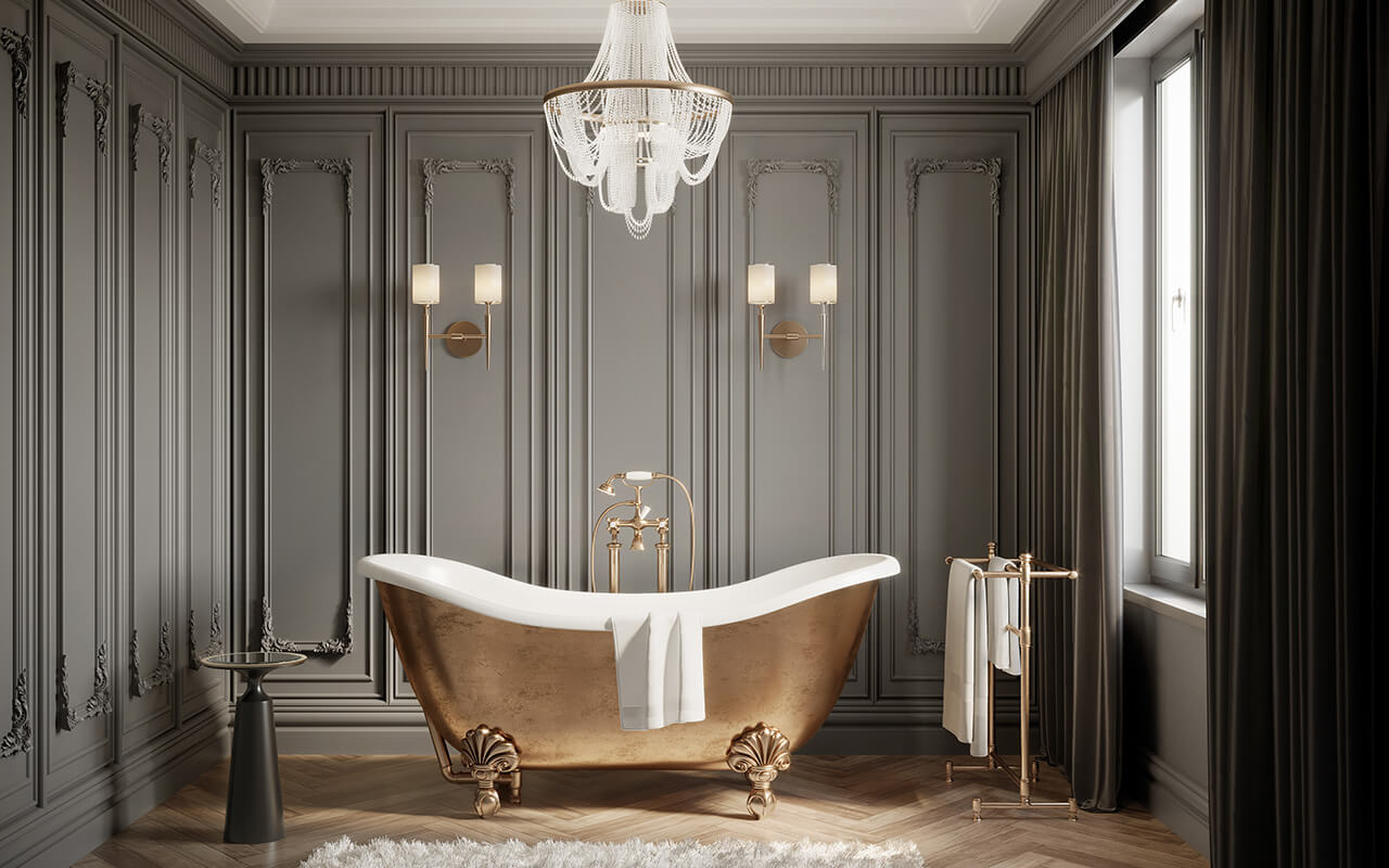 Classic luxury chic grey bathroom with moldings on the wall, a brass vintage barhtub and a chandelier