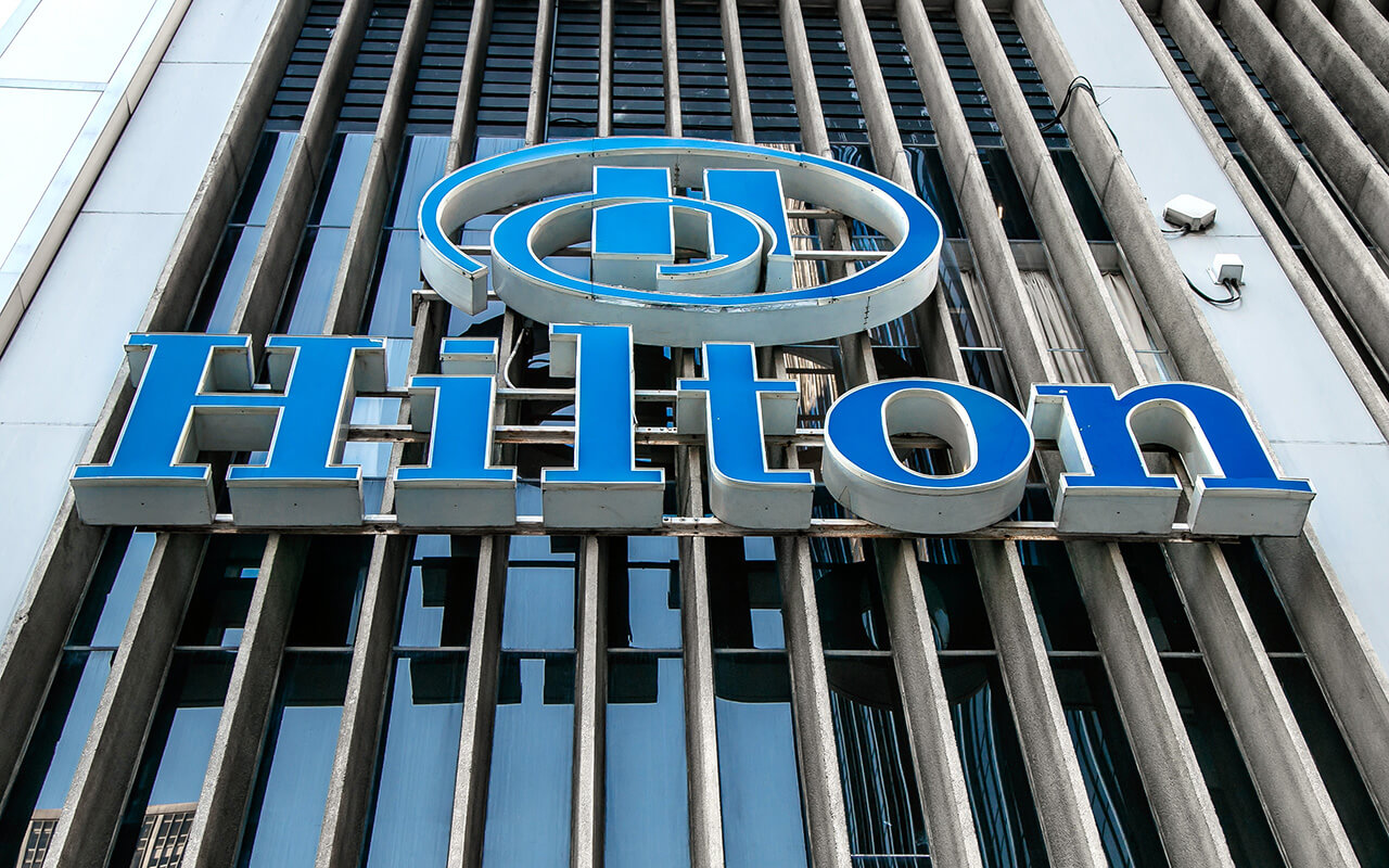 Hilton sign on an exterior wall of the hotel in midtown Manhattan.