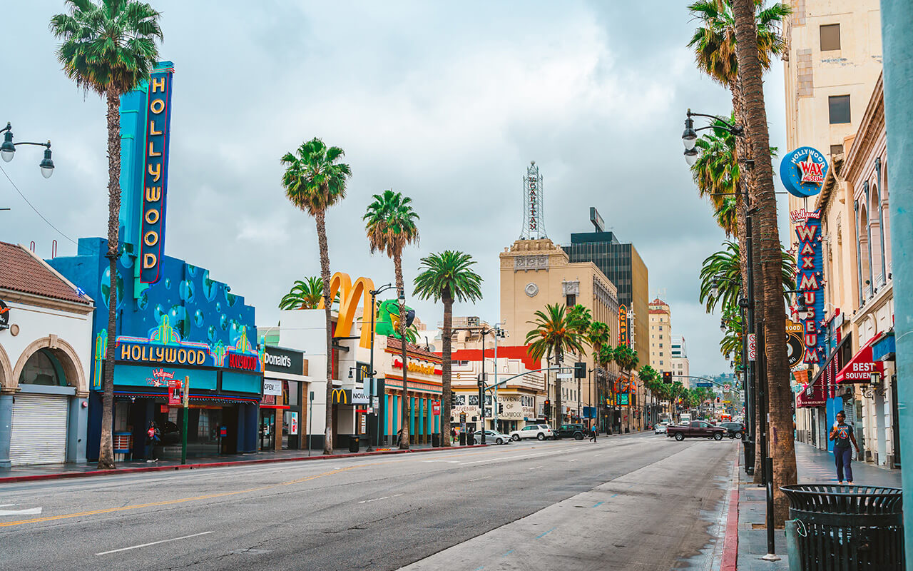 Streets in Hollywood on the Walk of Fame in Los Angeles on a cloudy day. Los Angeles, USA