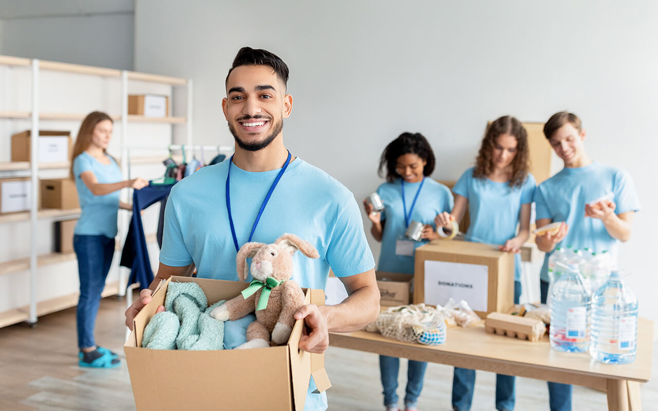 Charity donations in cardboard boxes