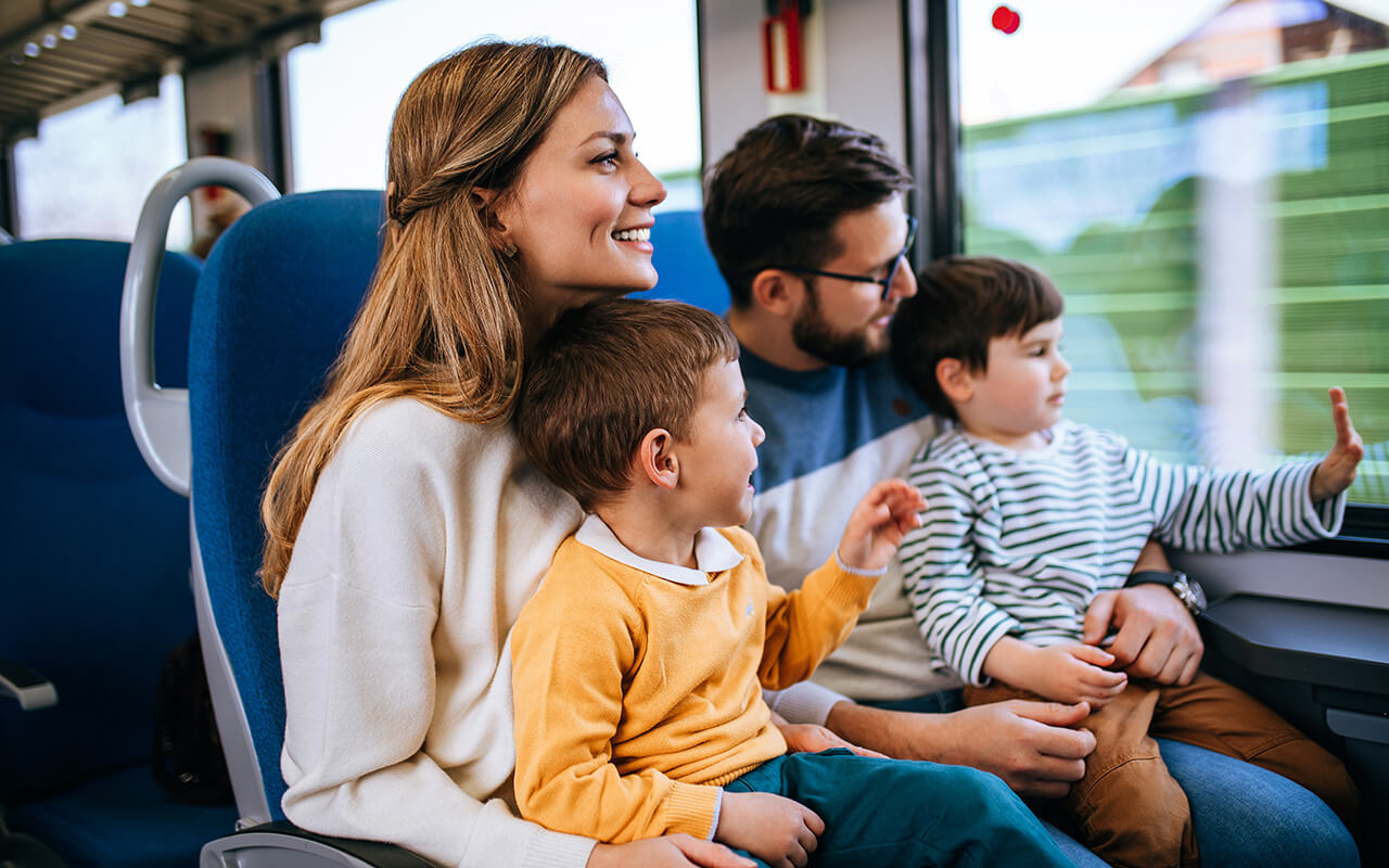 Family traveling on a train