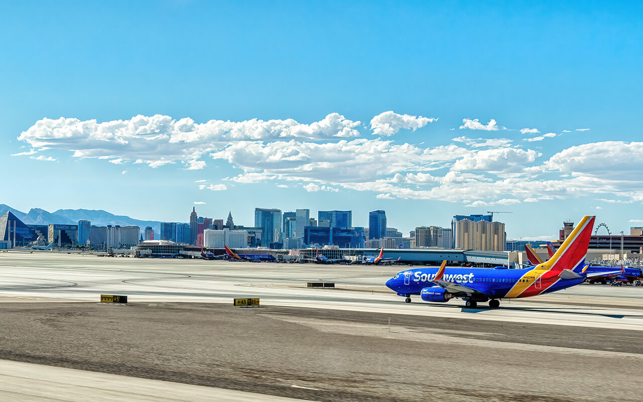 Southwest Airline airplane at the tarmac of McCarran International Airport in Las Vegas, Nevada, United States