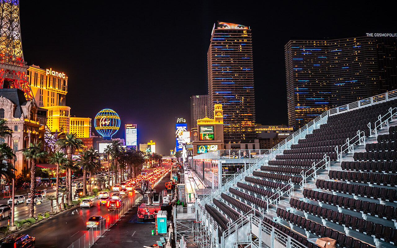 Main street Las Vegas Boulevard "The Strip" area during preparing road, stands and lights by Formula 1 