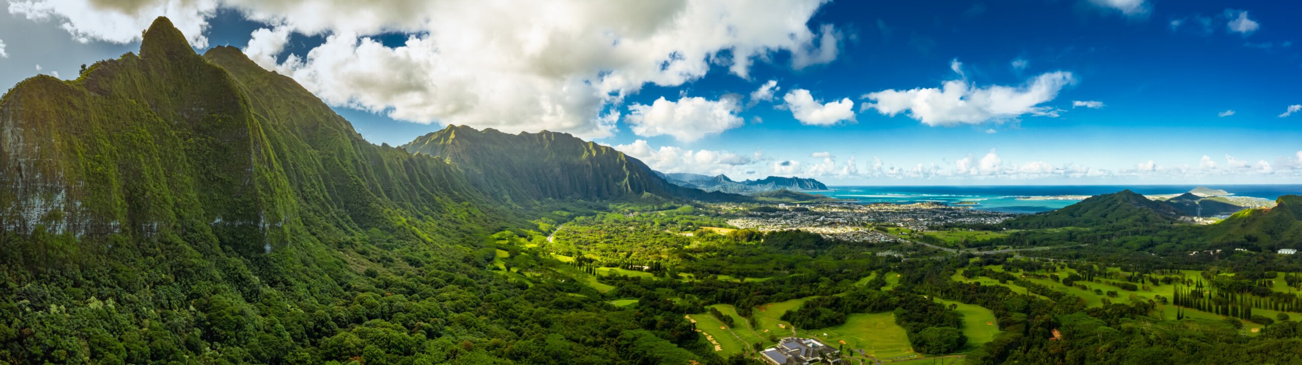 Panoramic aerial view from Pali Lookout on Oahu, Hawaii with green rainforest, steep cliffs, and vivid blue sky.