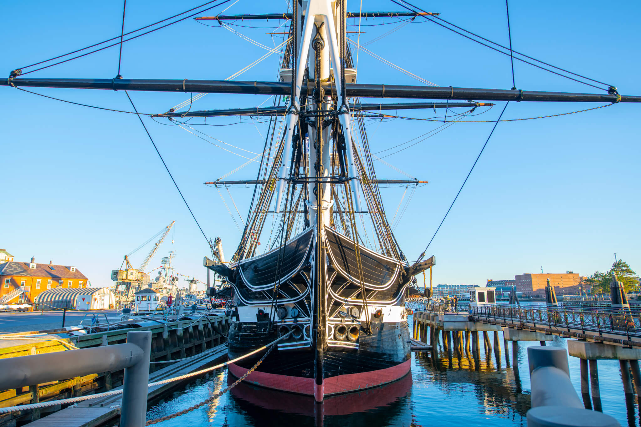 USS Constitution is a three masted wooden hulled heavy frigate of the United States Navy docked at Charlestown Navy Yard in Boston, Massachusetts MA