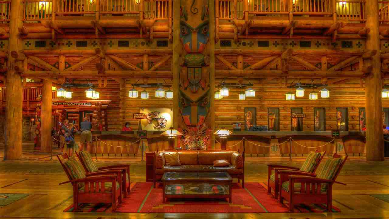 the lobby of a log cabin at disney's walt disney world resort