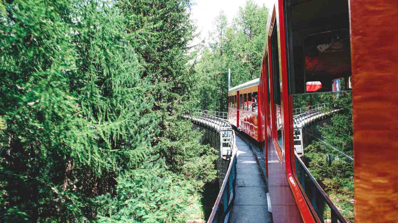 a red train traveling through a forest